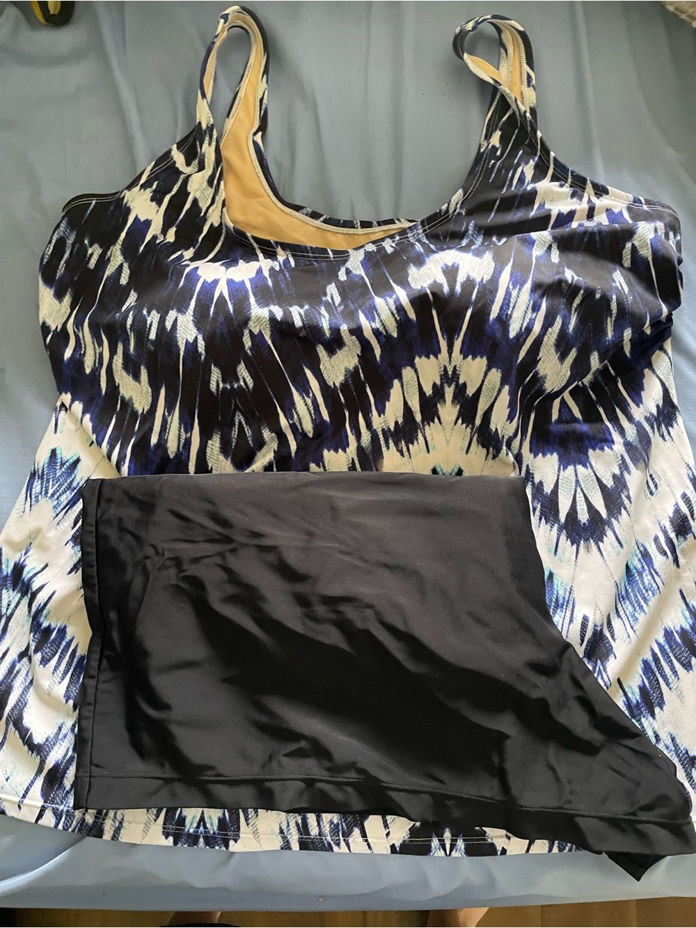 Blue and White Printed Tankini Top with Black Skirted Bottom